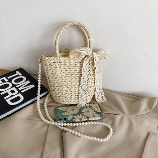 カゴバッグ 編み込み籐製小型持ち手付きリボン装飾手提げかばん
