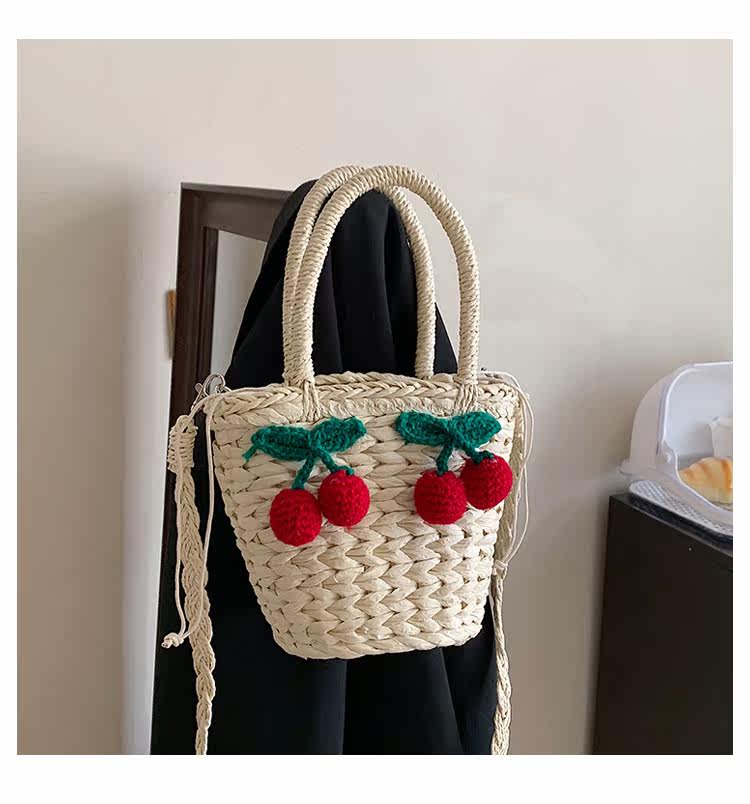 カゴバッグ さくらんぼ刺繍付き丸型カゴバッグ