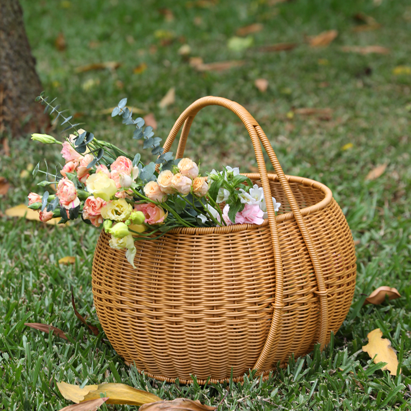 カゴバッグ 天然素材編み込み丸型ハンドル付きバスケット