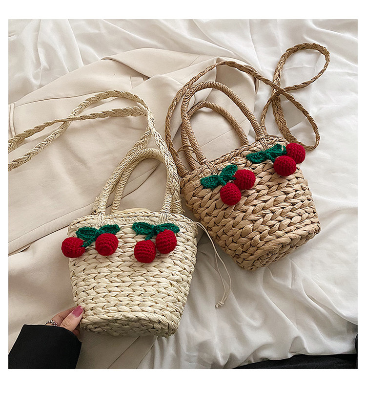 カゴバッグ さくらんぼ刺繍付き丸型カゴバッグ