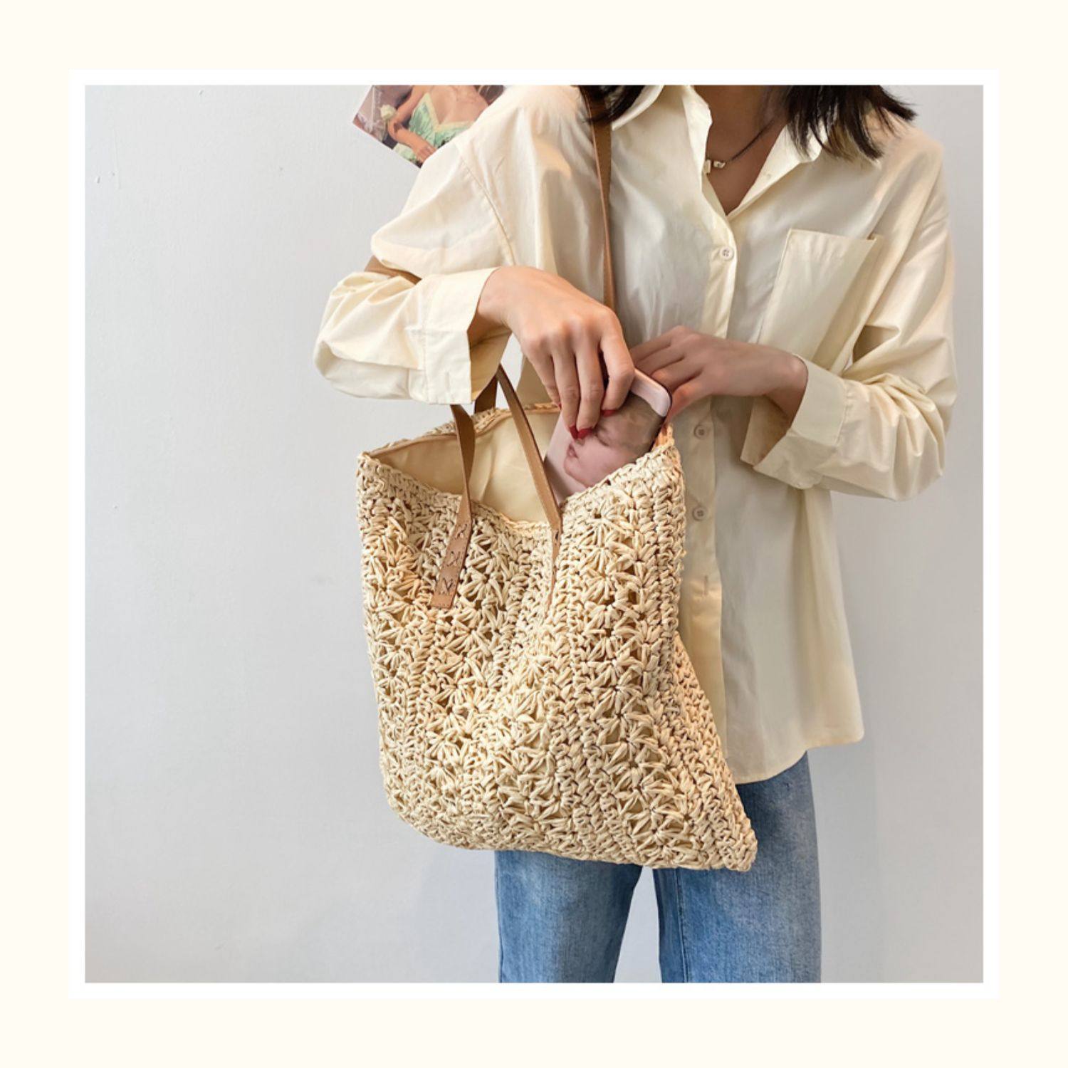 カゴバッグ 手編み風透かし編みの軽量トート型かごバッグ