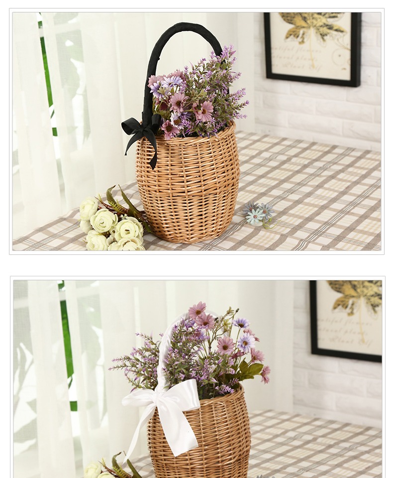 カゴバッグ 天然籐編み円筒形ハンドバッグ