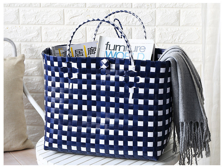カゴバッグ 市松模様の編み込み大容量トート型かごバッグ
