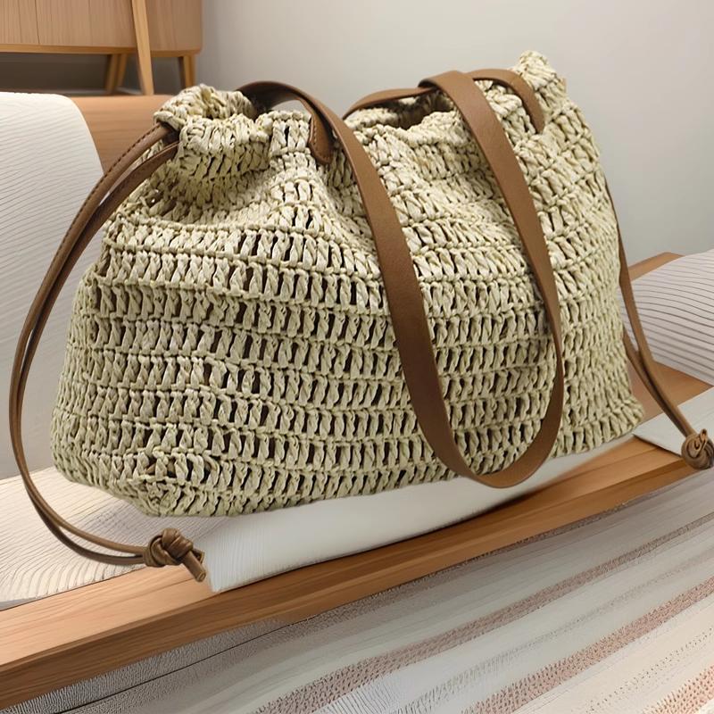 カゴバッグ カゴバッグ 上品な編み目の巾着風ナチュラル手提げ