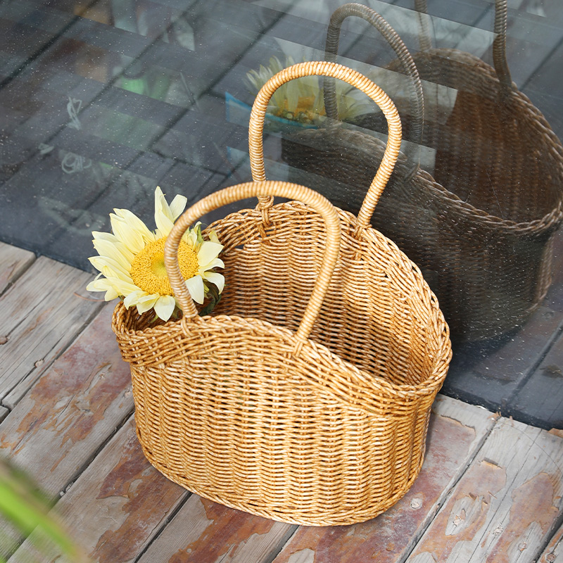 カゴバッグ 天然籐編み丸型持ち手付きバスケット