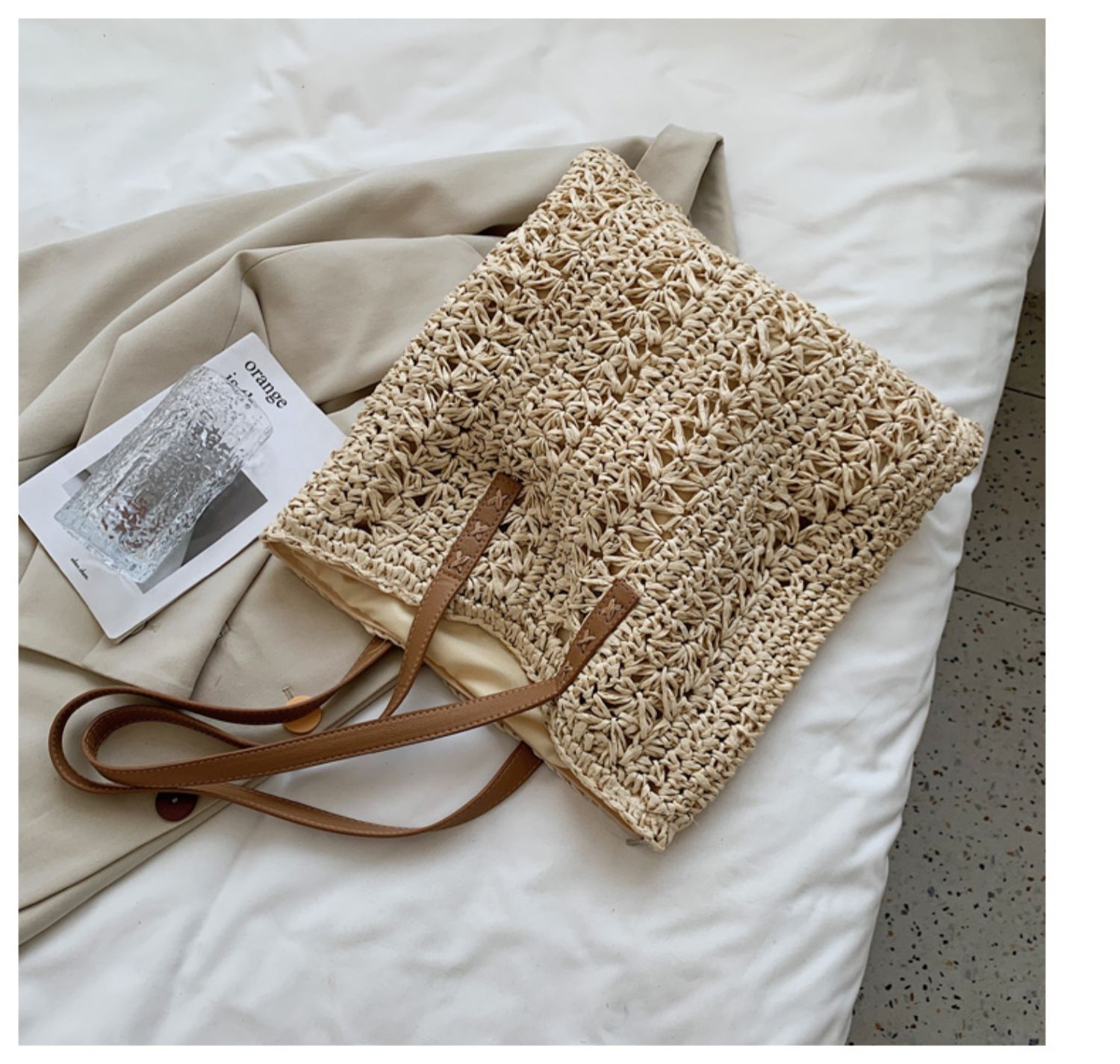 カゴバッグ 手編み風花柄透かし編みトート