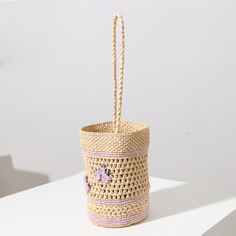 カゴバッグ 花柄刺繍入り円筒型編み込みカゴバッグ