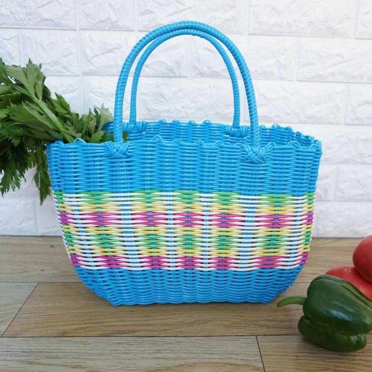 カゴバッグ 手編み風カラフル縞模様のハンドル付きかご手提げ鞄
