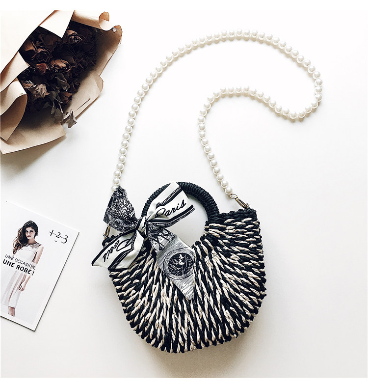 カゴバッグ レース風リボン付き丸型編み込みハンドバッグ