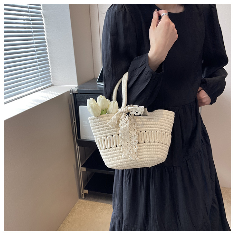 カゴバッグ 麦わら編みレースリボンかごバッグ