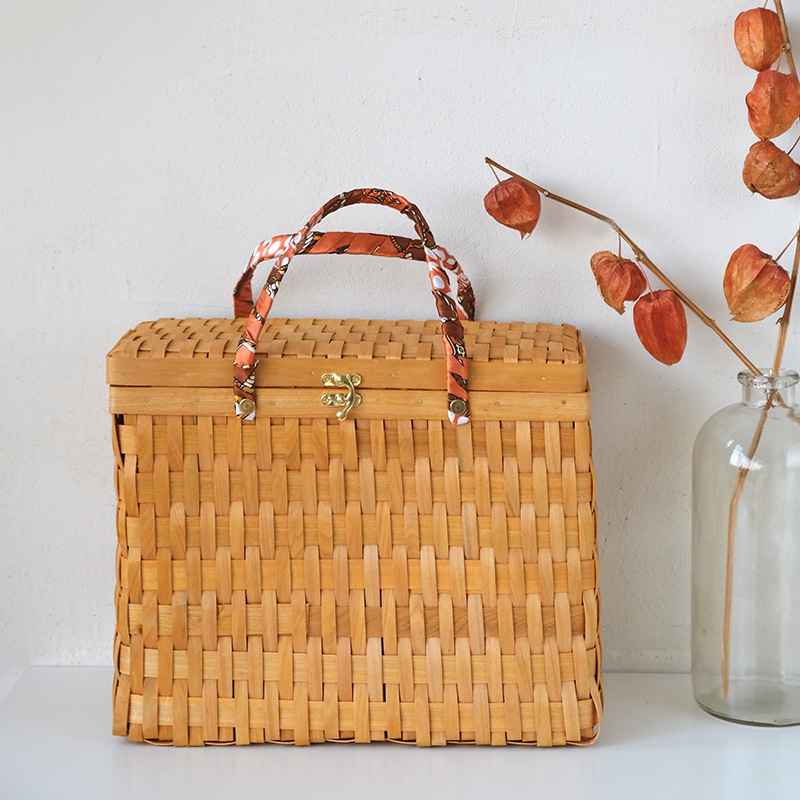 カゴバッグ 天然素材編み込み蓋付きピクニックかごばん