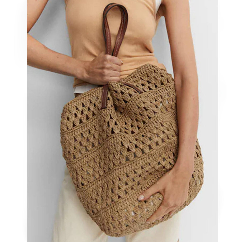 カゴバッグ 透かし編みデザイン本革持ち手トート型かごバッグ