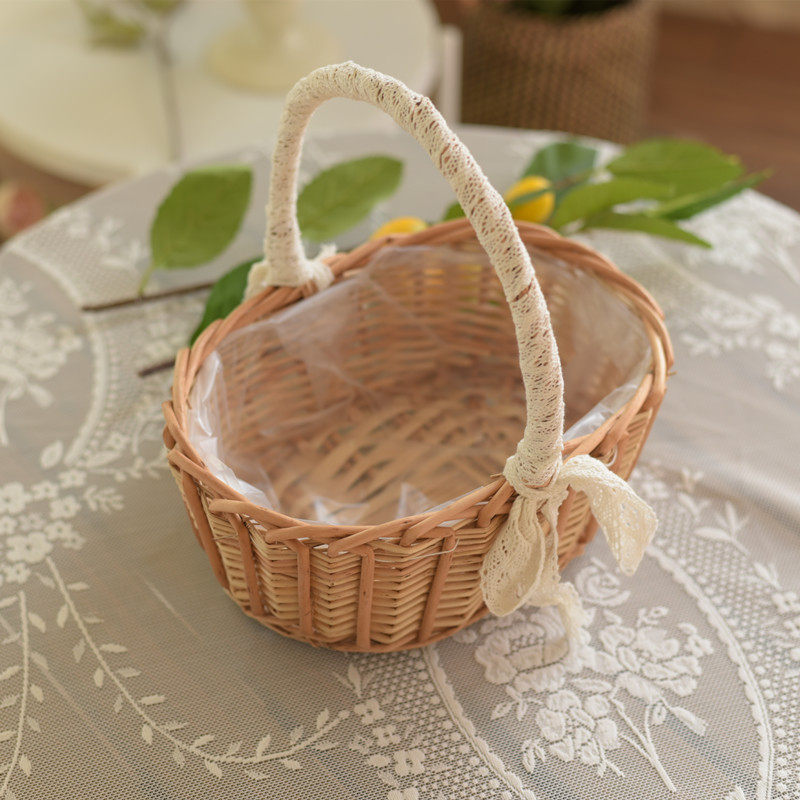 カゴバッグ レース持ち手付き丸型籐編みハンドバッグ