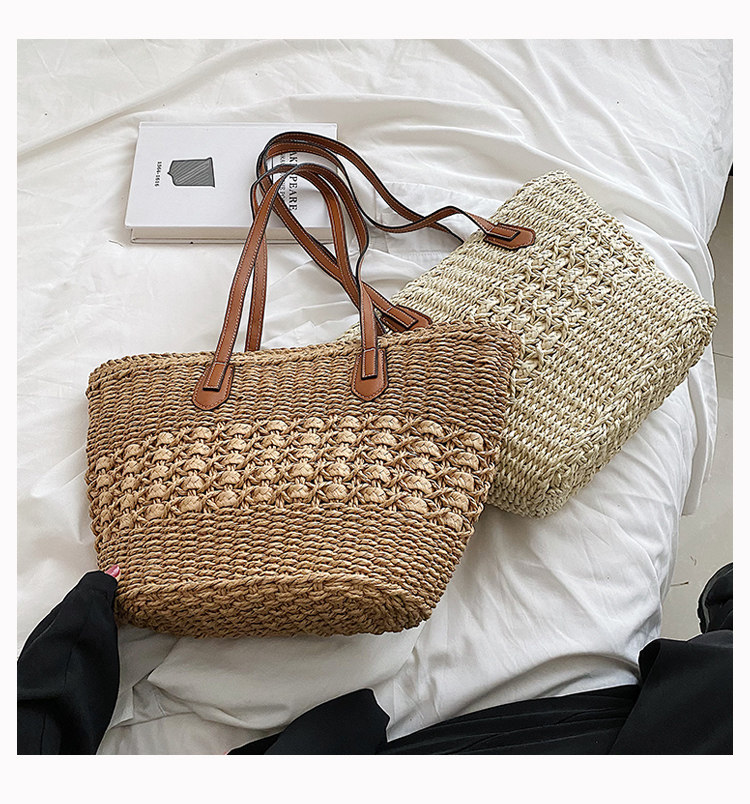 カゴバッグ 透かし編みデザインレザーハンドルトート