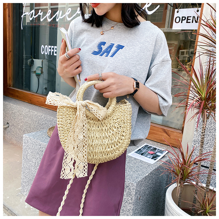 カゴバッグ 編み込み巾着型カゴバッグ レース飾り付き