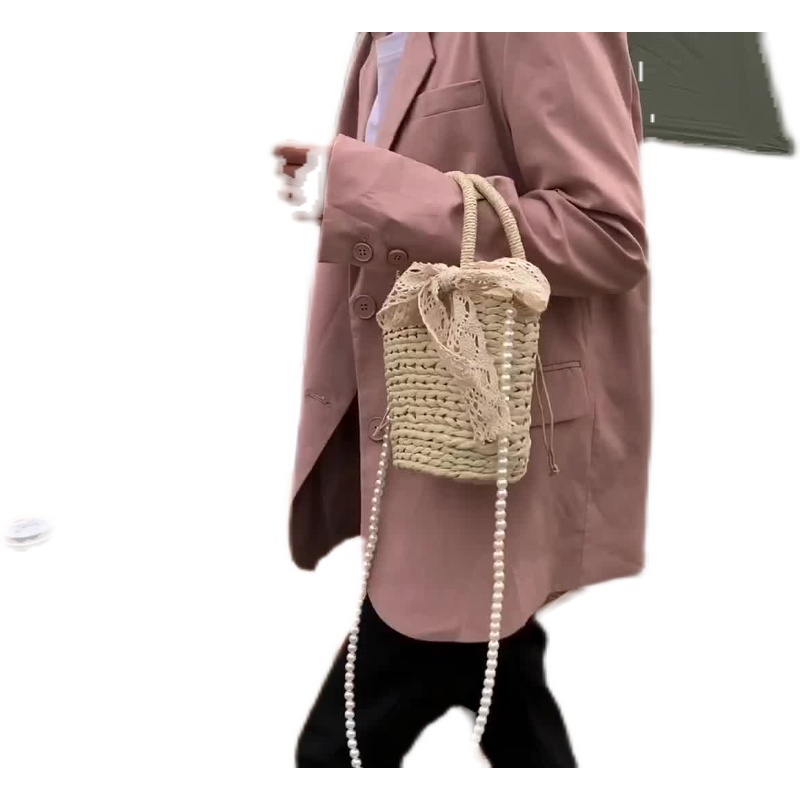 カゴバッグ 編み込み籐製小型持ち手付きリボン装飾手提げかばん