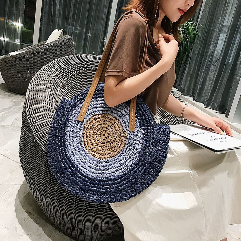 カゴバッグ 手編み風サークル模様大容量ショルダーカゴバッグ