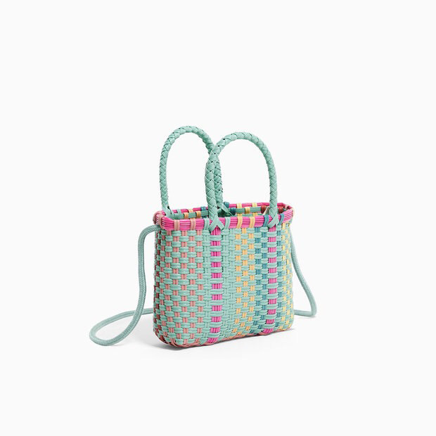 カゴバッグ カラフル縦縞編み込み二通り持ちカゴバッグ