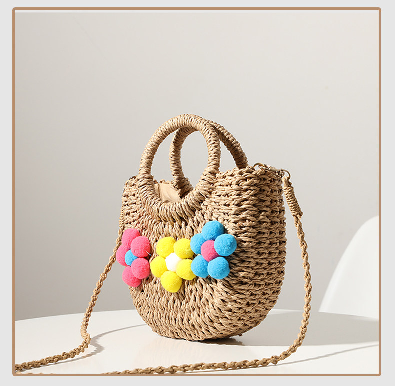 カゴバッグ 立体お花ぼんぼん飾り付き丸型持ち手カゴバッグ