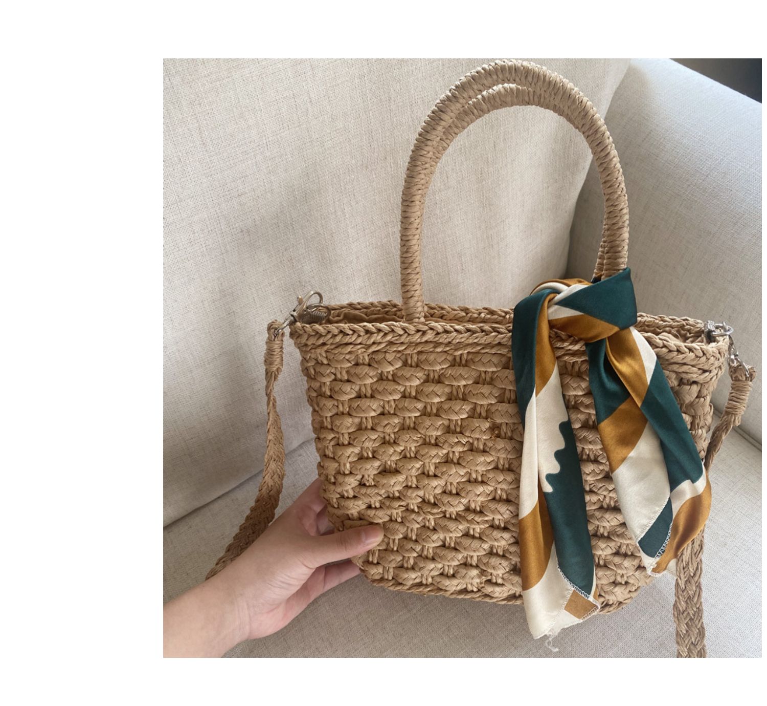 カゴバッグ 手編み天然素材レース飾り付きカゴハンドバッグ