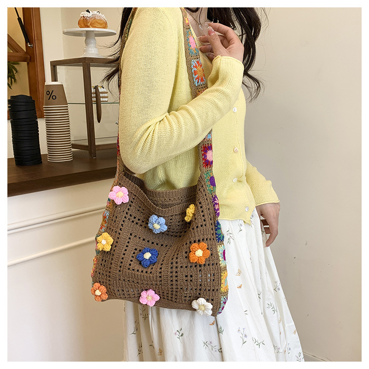カゴバッグ お花モチーフ編みこみショルダー