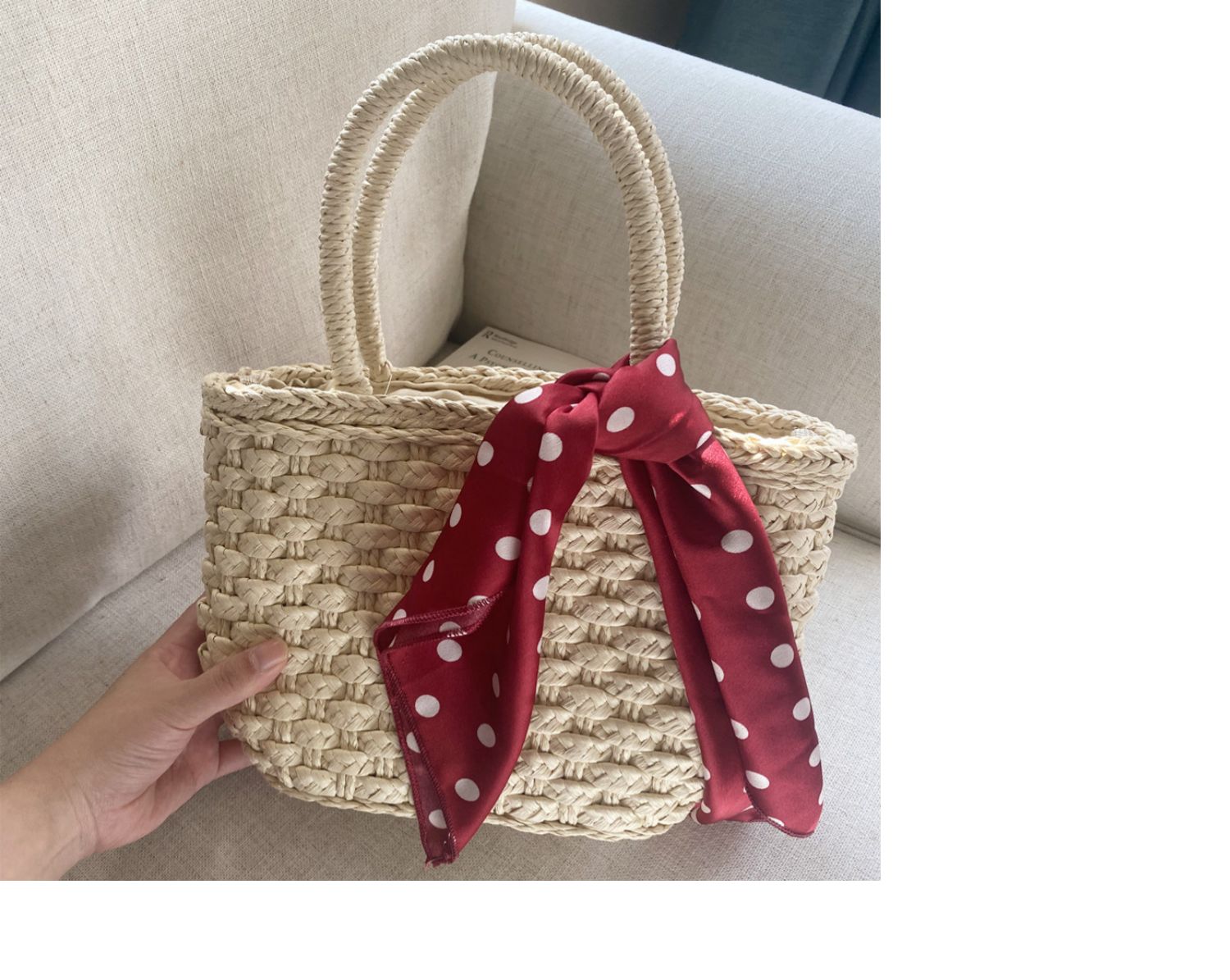 カゴバッグ 手編み天然素材レース飾り付きカゴハンドバッグ