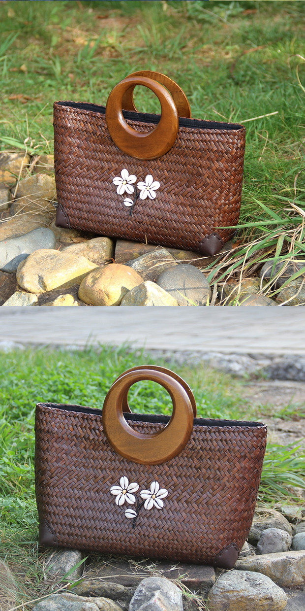 カゴバッグ 花モチーフ刺繍入り木製丸型持ち手カゴバッグ