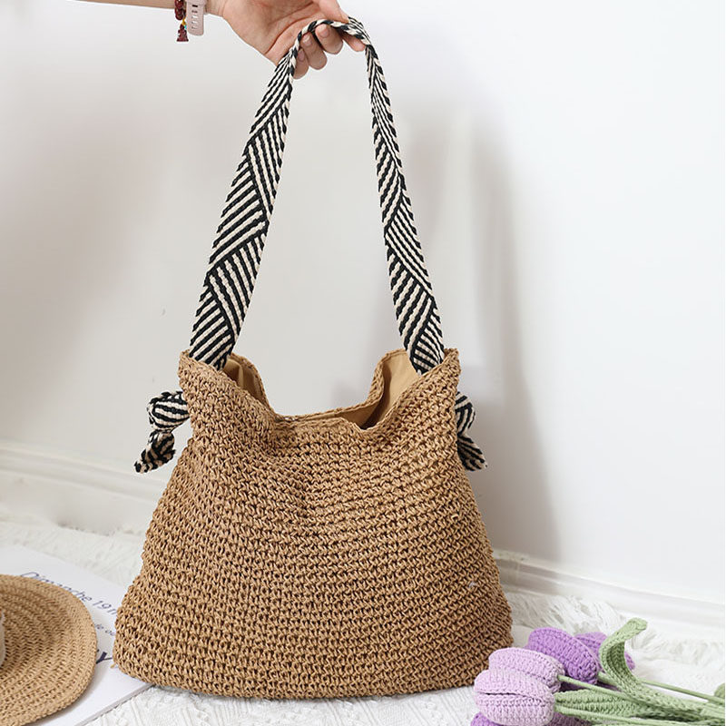 カゴバッグ ストライプリボンハンドル付きかごショルダーバッグ