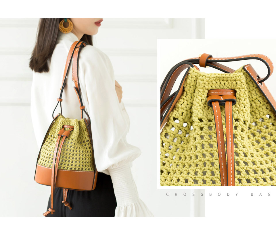 カゴバッグ 手編み風籐編み巾着型ハンドバッグ