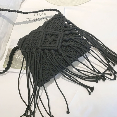 カゴバッグ 手編み風マクラメフリンジ付きショルダーバッグ