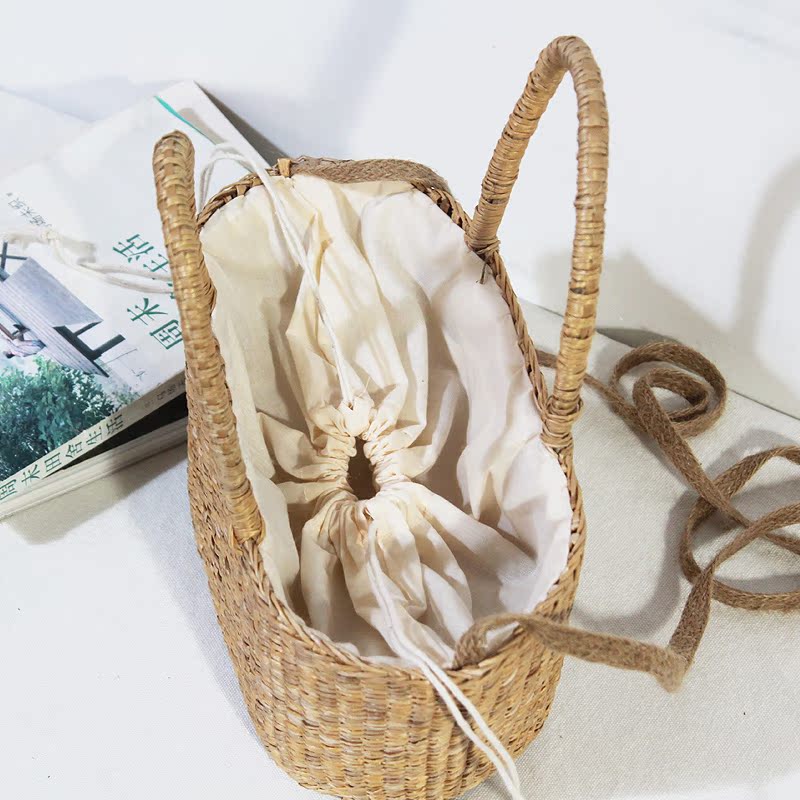 カゴバッグ 天然素材編み込み内布付きハンドバッグ