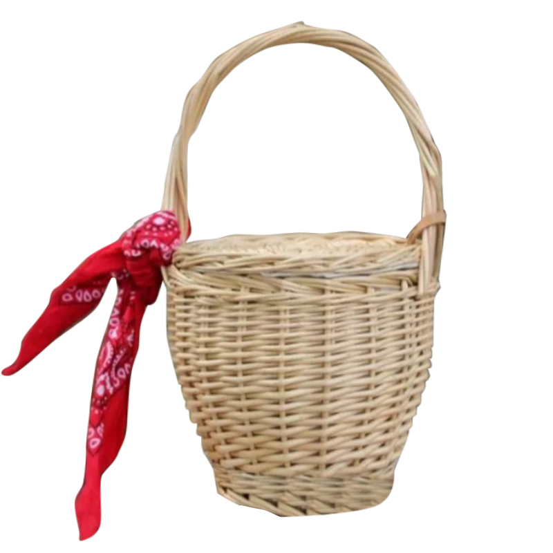 カゴバッグ 手編み籐製丸型持ち手付きカゴバッグ