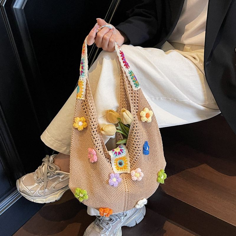 カゴバッグ 花咲く手編みメッシュショルダーバッグ