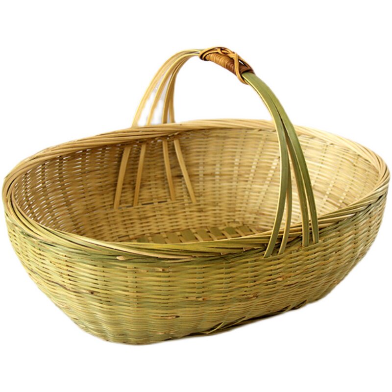 カゴバッグ 天然竹編み楕円形バスケット持ち手付き