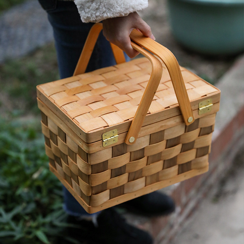 カゴバッグ 天然木材編み込み蓋付きボックス型バスケット
