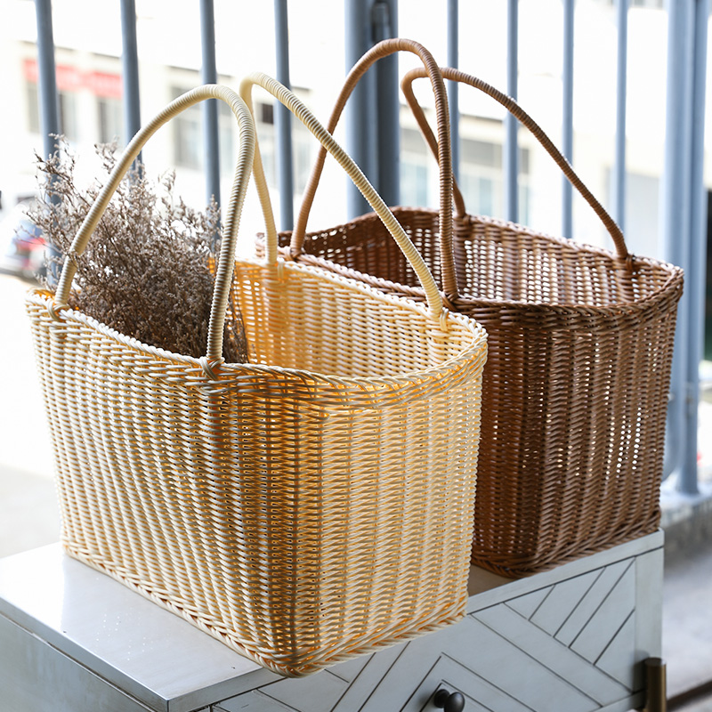 カゴバッグ 手編み籐製四角型持ち手付きかごばっぐ