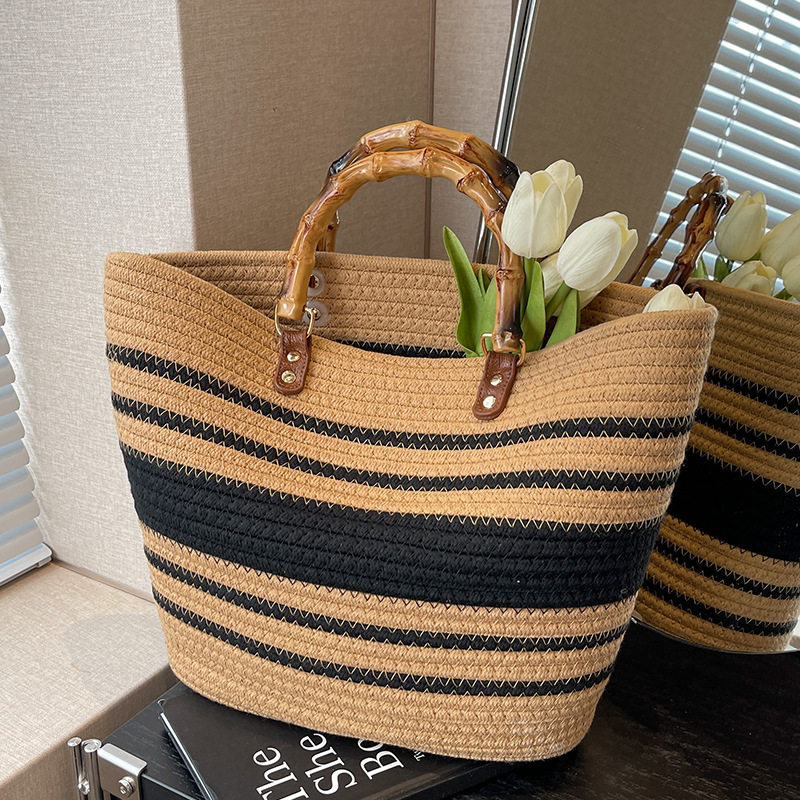 カゴバッグ 竹風ハンドルボーダー柄トート型カゴバッグ