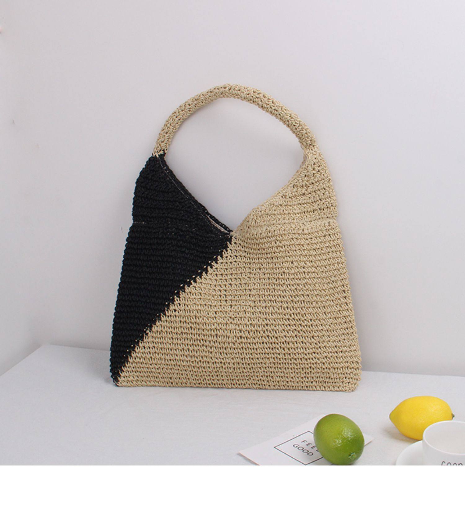 カゴバッグ 配色切り替えデザイン三角形ショルダーかごバッグ