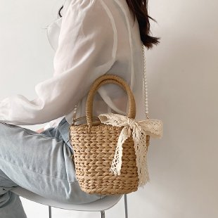 カゴバッグ 編み込み籐製小型持ち手付きリボン装飾手提げかばん