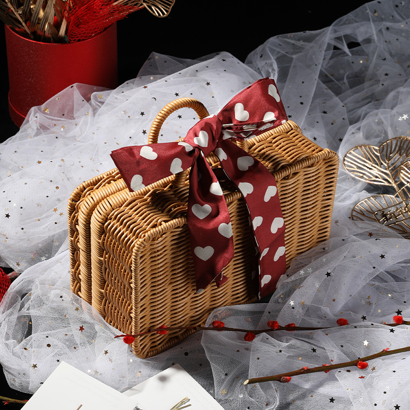 カゴバッグ リボン付き籐編みハンドバッグ型カゴバッグ