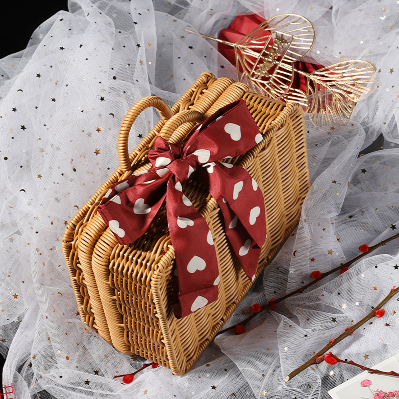 カゴバッグ リボン付き籐編みハンドバッグ型カゴバッグ