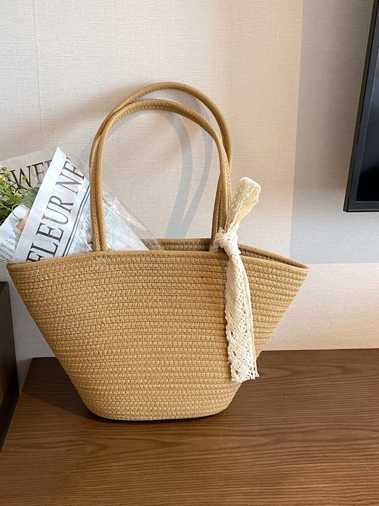 カゴバッグ レース編みリボン付き丸型カゴバッグトート