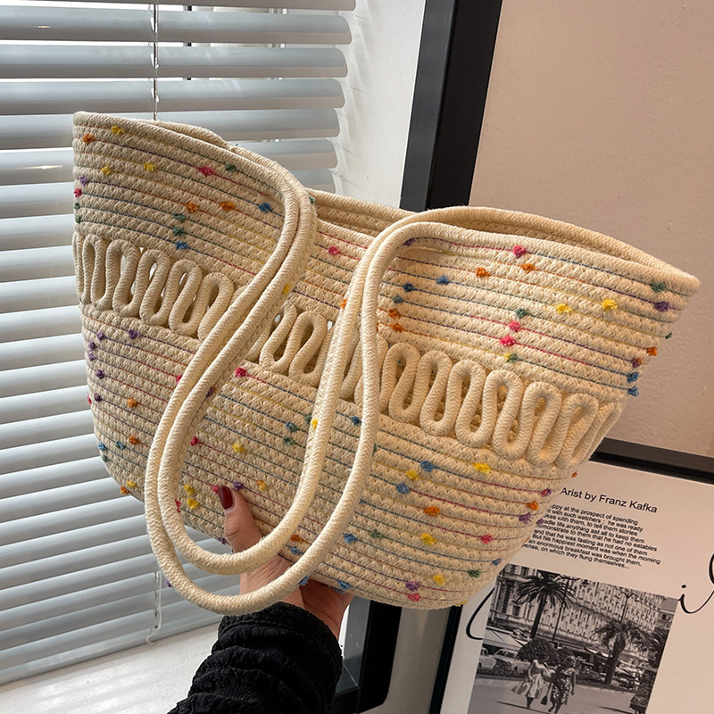 カゴバッグ カラフルドット刺繍コットンロープトート