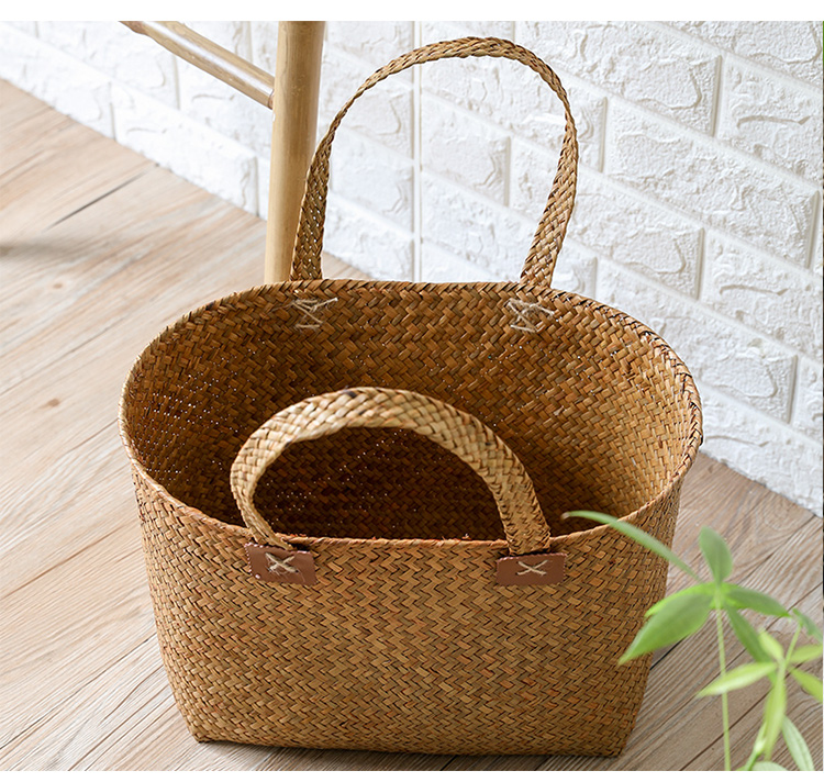 カゴバッグ 本革アクセント付き手編みかご籠ハンドバッグ