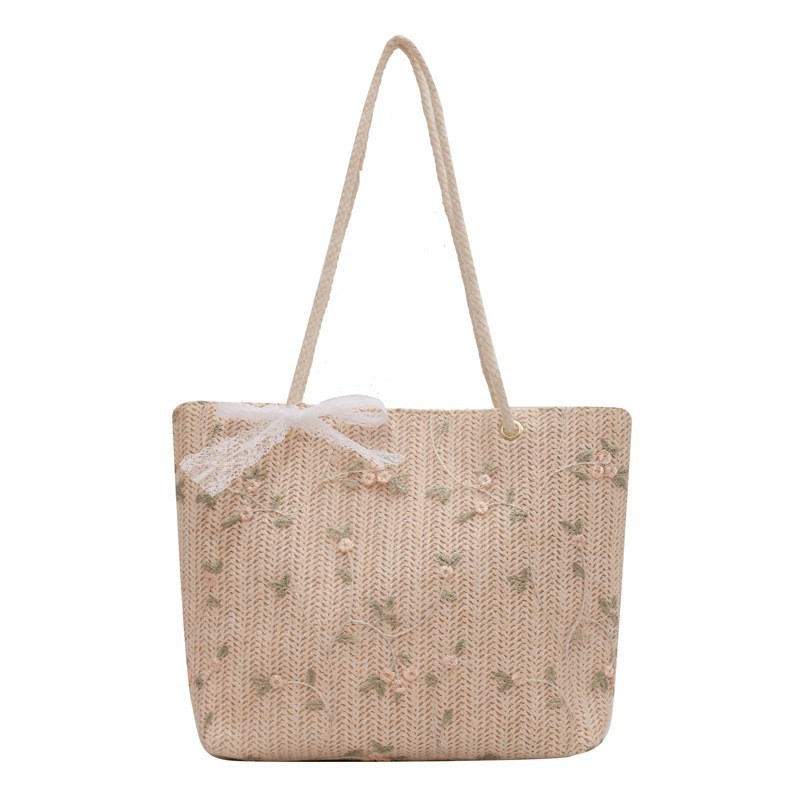 カゴバッグ 花刺繍リボン付きナチュラルトート