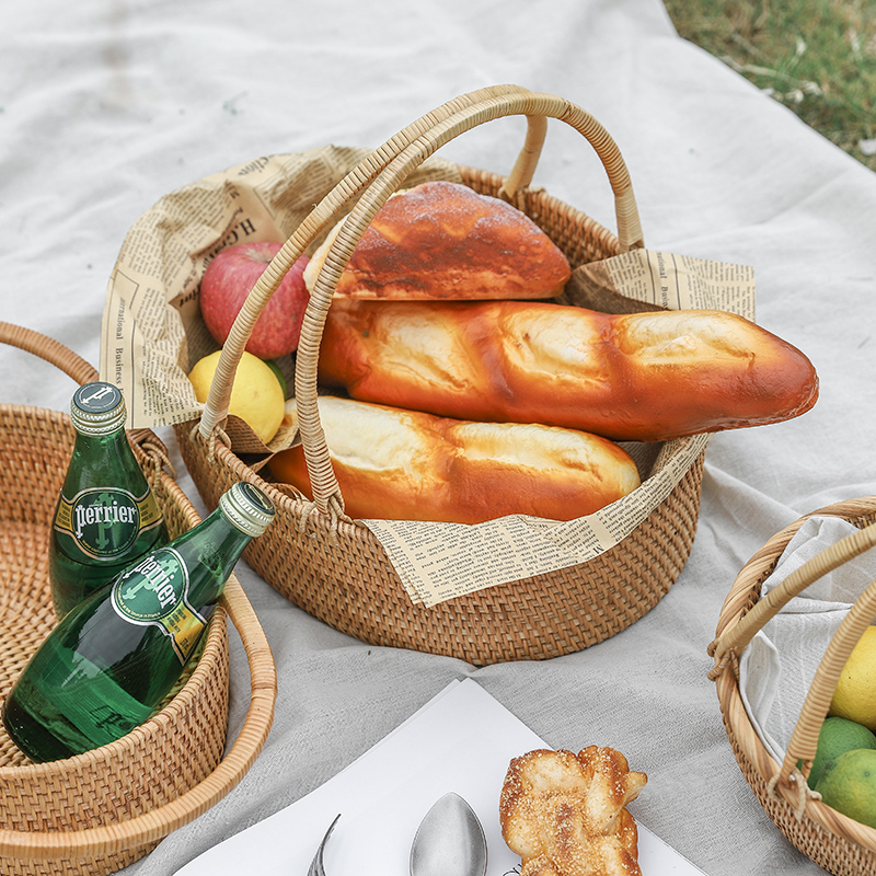 カゴバッグ 天然籐編み円形持ち手付きピクニック籠