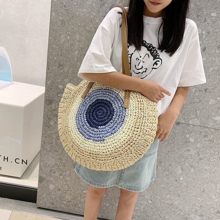 カゴバッグ 手編み風サークル模様大容量ショルダーカゴバッグ