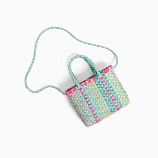 カゴバッグ カラフル縦縞編み込み二通り持ちカゴバッグ