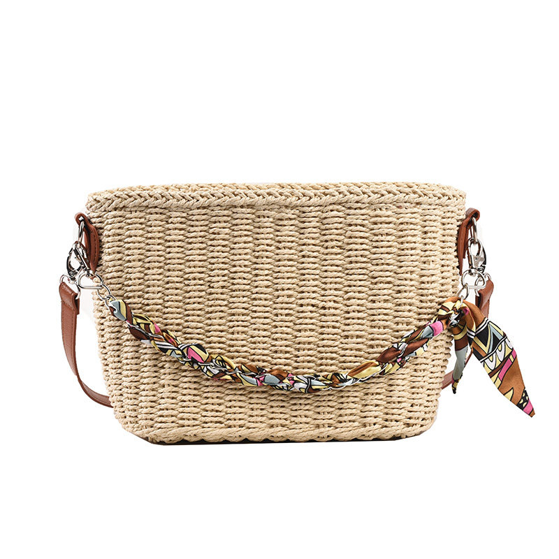 カゴバッグ スカーフ飾り付き編み込みハンドバッグ型かごバッグ