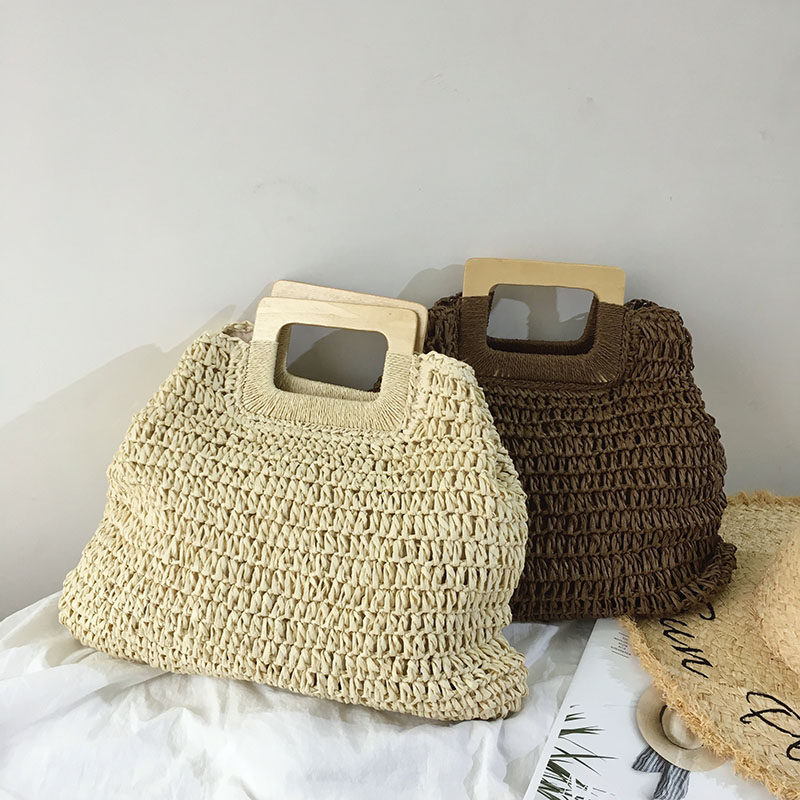 カゴバッグ 木製ハンドル付き手編み台形カゴバッグ